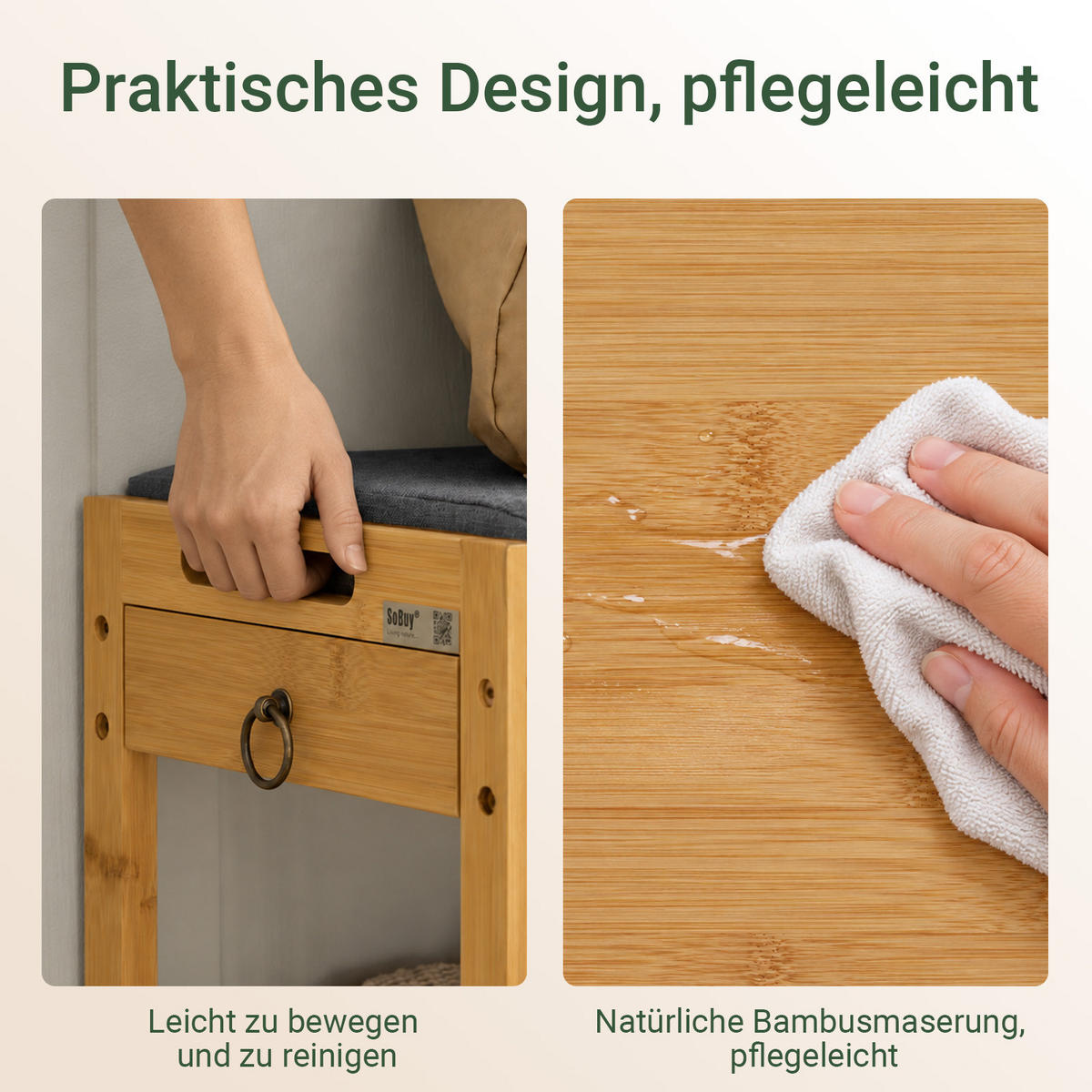 SCHUHBANK aus Bambus, 55 x 46 x 30 cm, mit Sitzkissen und Seitenschublade, 2 Schuhablagen, Natur - Naturfarben, Holz (55/46/30cm) - SoBuy
