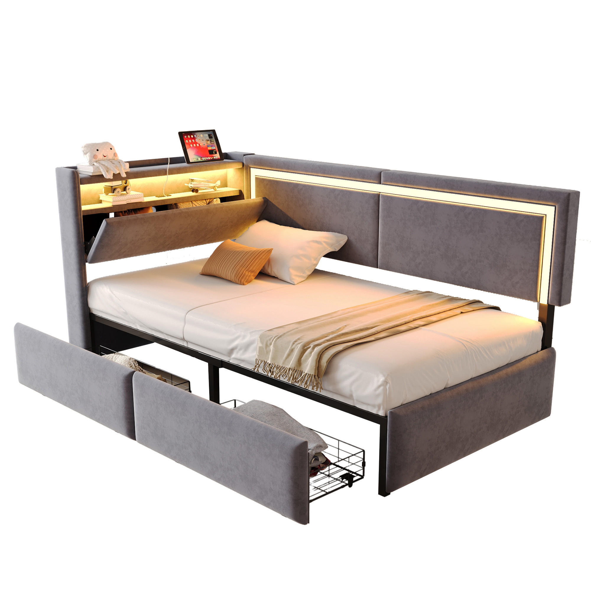 POLSTERBETT 90/200 cm dunkelgrau aus Samt mit LED und USB Kopfteil mit Stauraum - Dunkelgrau, Textil (90/200cm) - OKWISH