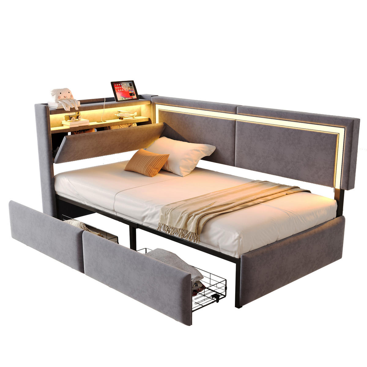 POLSTERBETT 90/200 cm dunkelgrau aus Samt mit LED und USB Kopfteil mit Stauraum - Dunkelgrau, Textil (90/200cm) - OKWISH