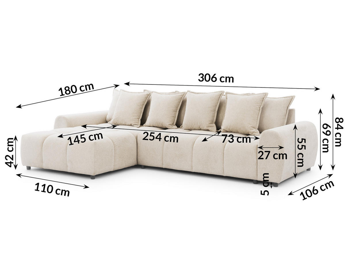ECKSOFA Bubble mit losen Rückenkissen und Sitzfläche in Bubble-Optik aus weichem Hellbeige Strukturstoff mit schöner Sitzkomfort - Ottomane links - Beige/Schwarz, Holz/Kunststoff (180/306cm) - S-Style Möbel