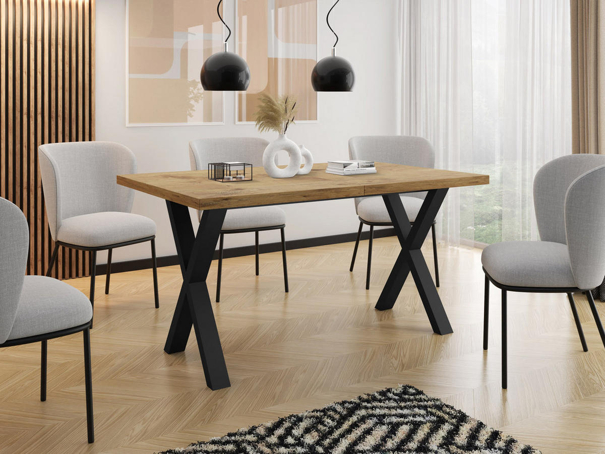 ESSTISCH Blake rechteckig ausziehbar, Lancelot Eiche 140-240/80/76 cm - Eichefarben/Schwarz, Holzwerkstoff/Metall (140/80/76cm) - WFL GROUP