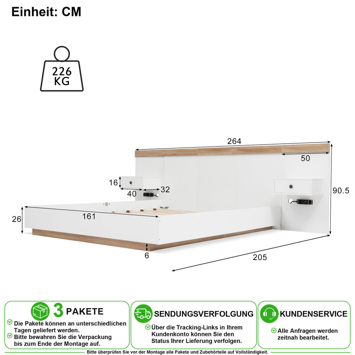 BETTANLAGE 160/200 cm in Weiß & Sonoma-Eiche mit LED, USB, Type-C und 2 Nachtkommoden - Weiß, Holzwerkstoff/Metall (160/200cm) - CHICFURN