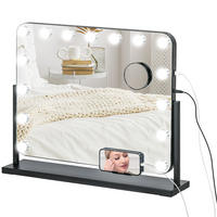 HOLLYWOOD Spiegel mit Beleuchtung, Schminkspiegel mit 14 LED Licht, 3 Lichtfarben - Schwarz, Glas (14/49.5/62.5cm) - HOMCOM