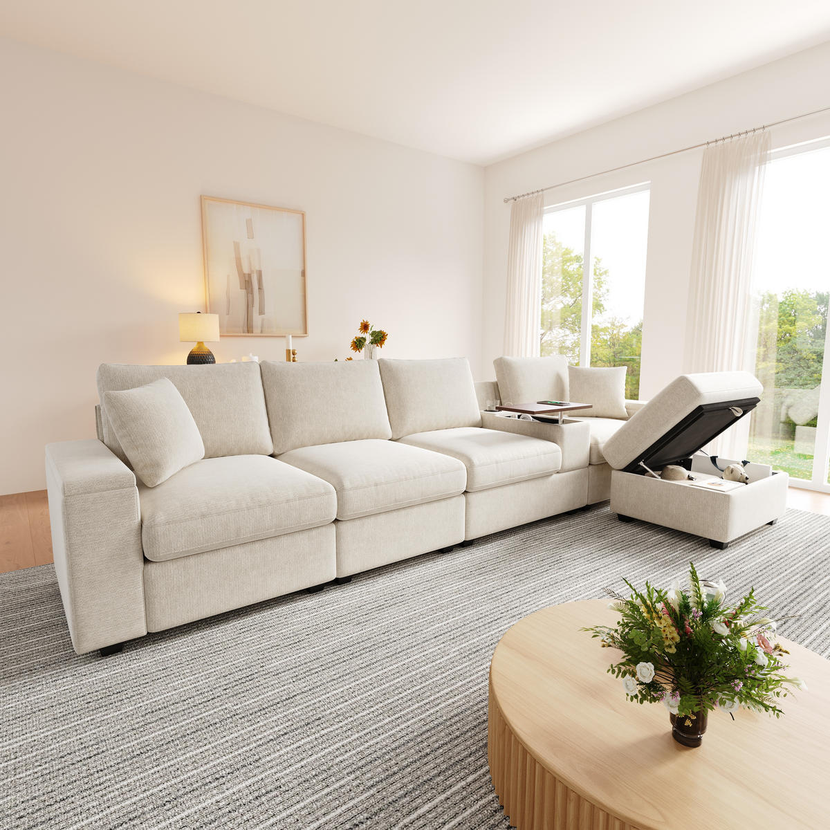 ECKSOFA 313/147/82 cm Beige mit Stauraum, USB-/Typ-C, Getränkehaltern und 360° drehbarem Couchtisch - Beige, Textil/Metall (313/147cm) - Oxeza