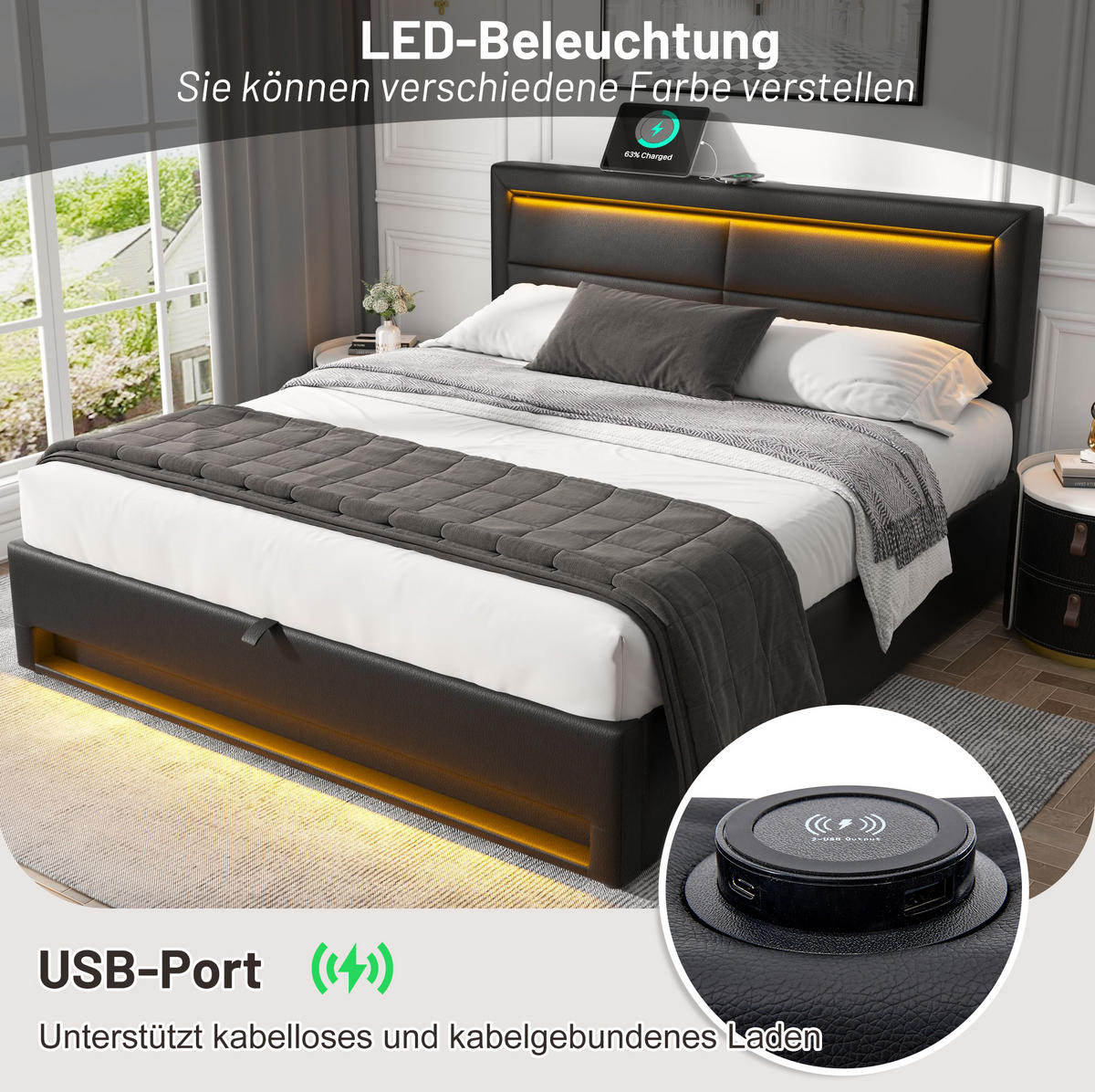 POLSTERBETT 140/190 cm mit USB-Ladefunktion, LED-Beleuchtung und Bettkasten aus PU, Schwarz - Schwarz, Leder (140/190cm) - Redom