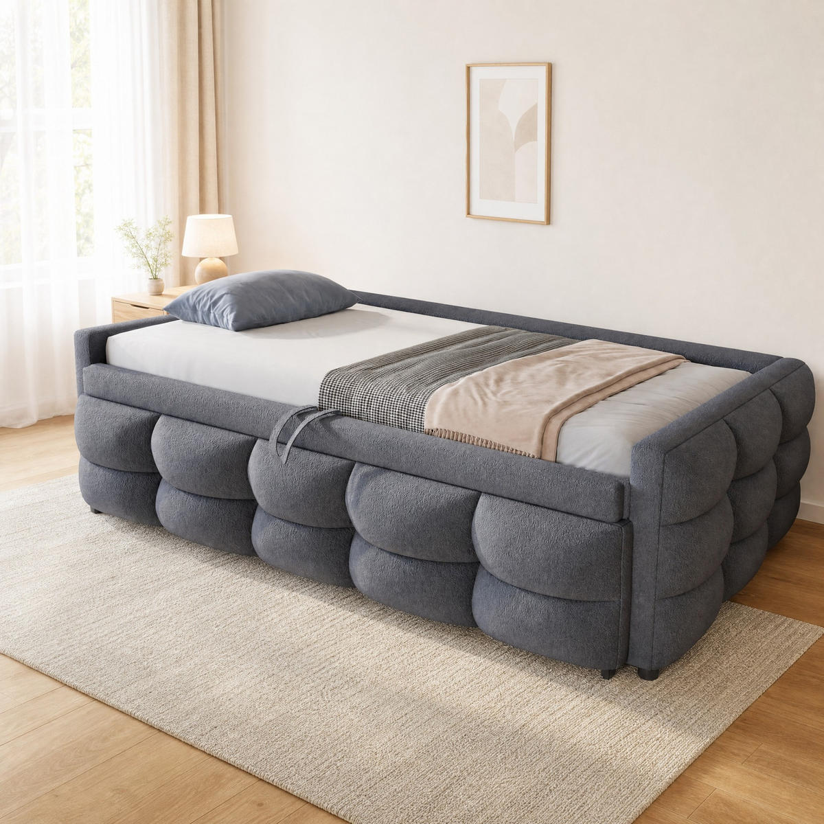POLSTERBETT 90/190 cm & 180/190 cm in Grau mit Ausziehfunktion und Lattenrost Lammfell-Optik - Grau, Holzwerkstoff/Textil (90/190cm) - CHICFURN