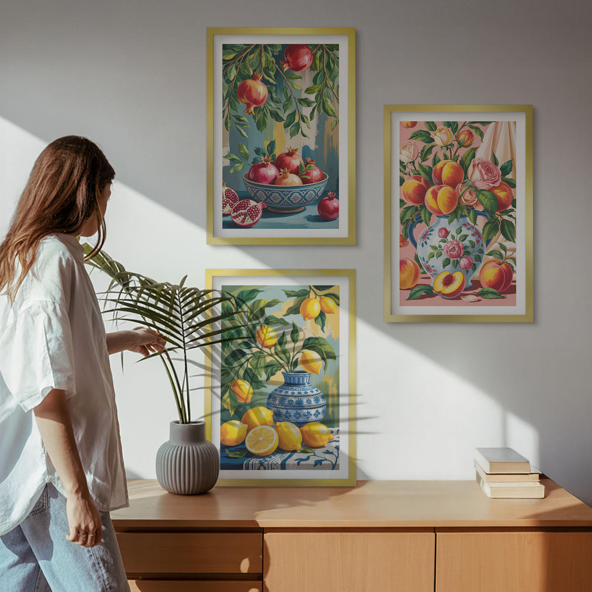 BILDER SET 3er Set - 40x60 cm Goldrahmen - Fruchtzusammensetzung von Granatäpfeln - Goldfarben, Kunststoff (40/60cm) - TULUP