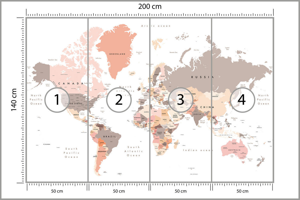 FOTOTAPETE für Büro Pastell Weltkarte Kontinente Ozean Länder 200x140 - Beige/Schwarz, Papier (200/140cm) - Muralo