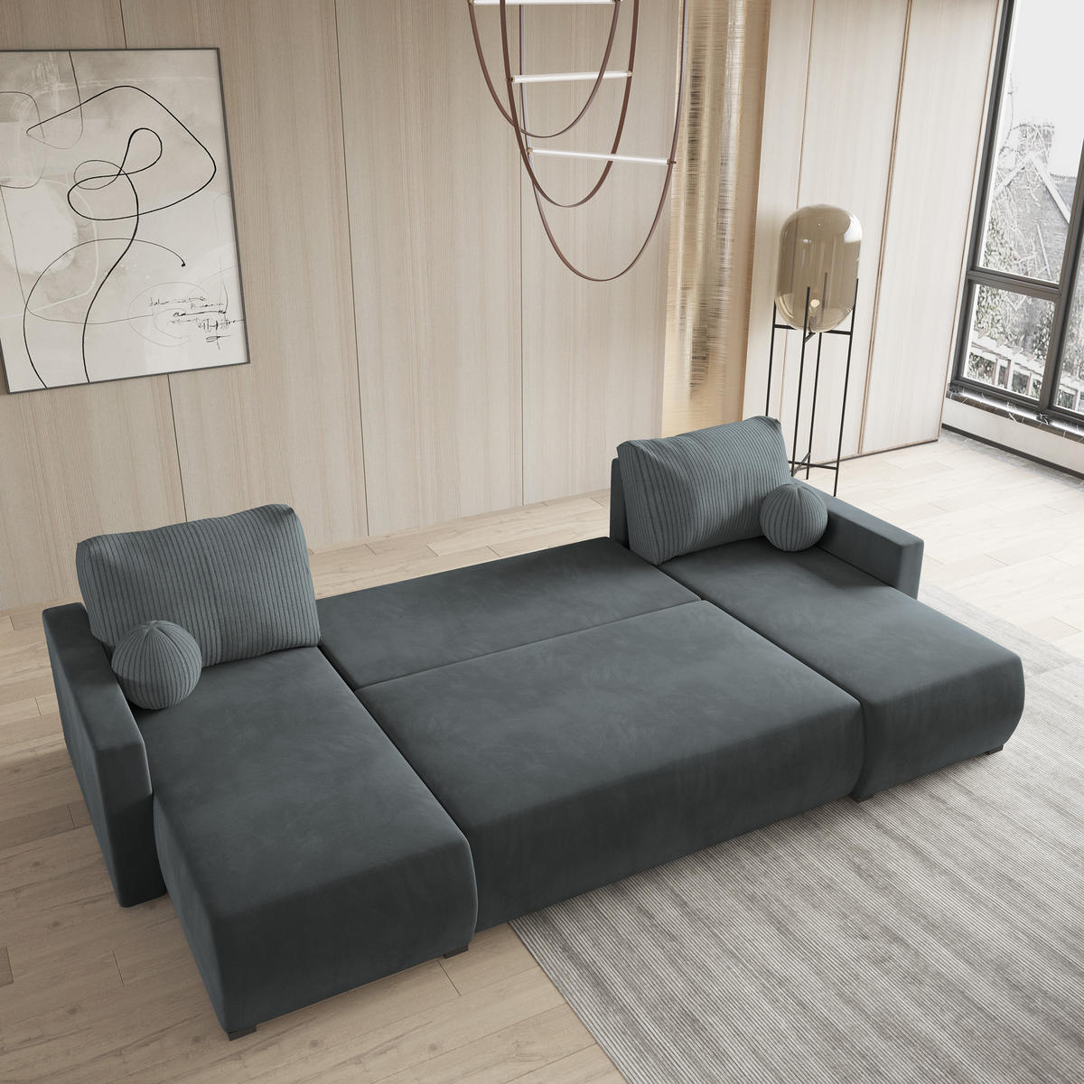 WOHNLANDSCHAFT TESSUN Grau Plüsch-Stoff mit Schlaffunktion - Grau, Holz (286/85/143cm) - MASSENO