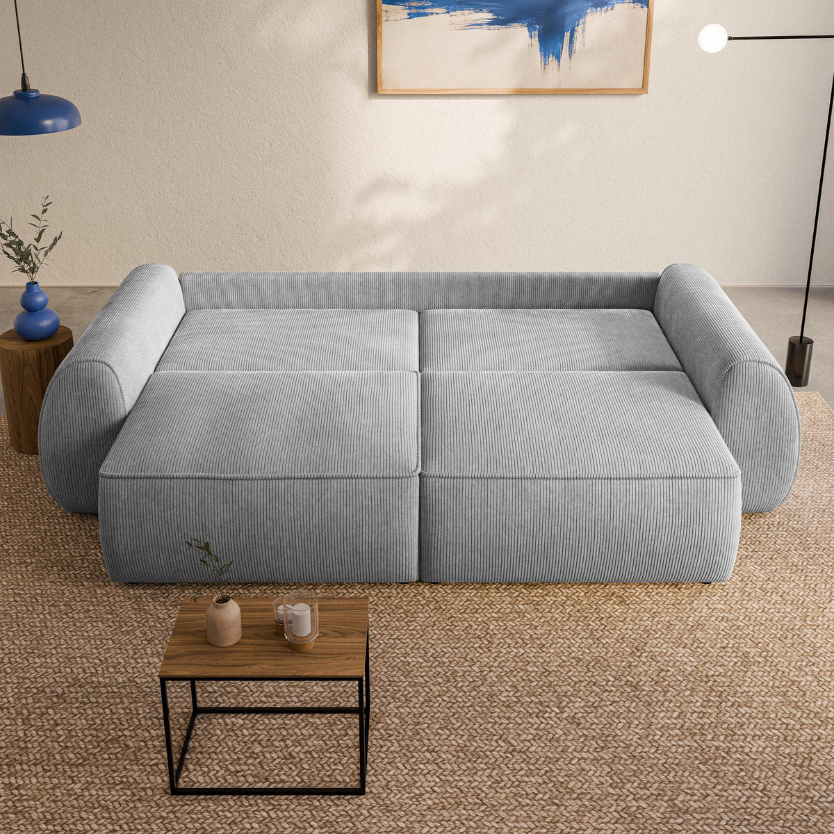 BETTSOFA ZEFEO Hellgrau Kordstoff mit Schlaffunktion - Hellgrau, Textil (264/96/106cm) - MASSENO