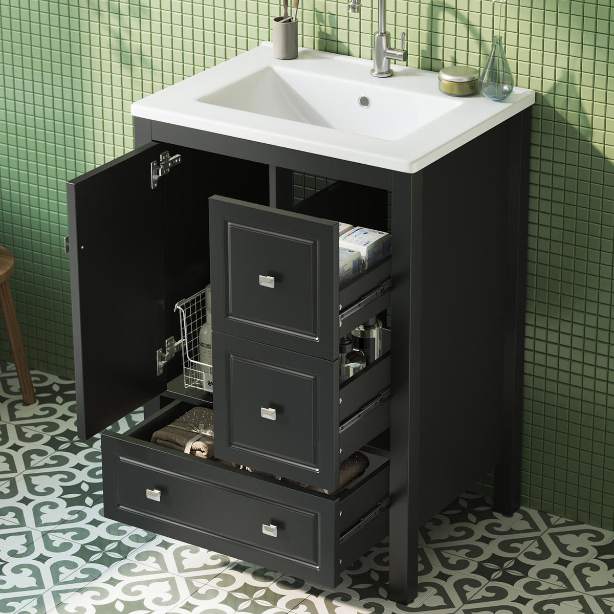 WASCHTISCHKOMBI 62/47/90 cm Schwarz mit freistehender Waschtisch und 3 Schubladen, ohne Wasserhahn - Edelstahlfarben/Schwarz, Holz/Holzwerkstoff (47/90/62cm) - Oxeza