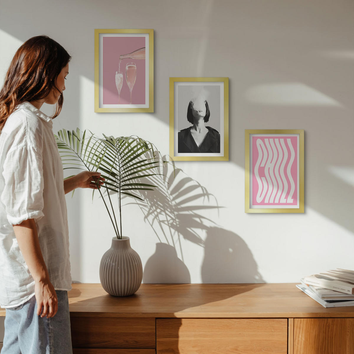 WANDBILDER 3er Set - 20x30 cm Goldrahmen - Stilvolles Porträt, Champagner-Entspannung - Goldfarben, Kunststoff (20/30cm) - ArtPrintCave
