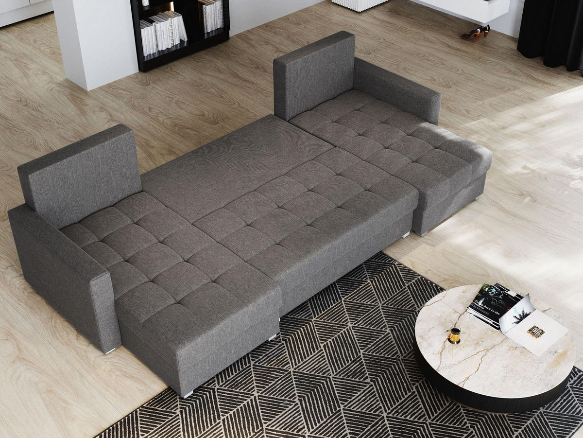 WOHNLANDSCHAFT NAKO Grün Plüsch-Stoff mit Schlaffunktion - Grün, Holz (285/85/140cm) - MASSENO