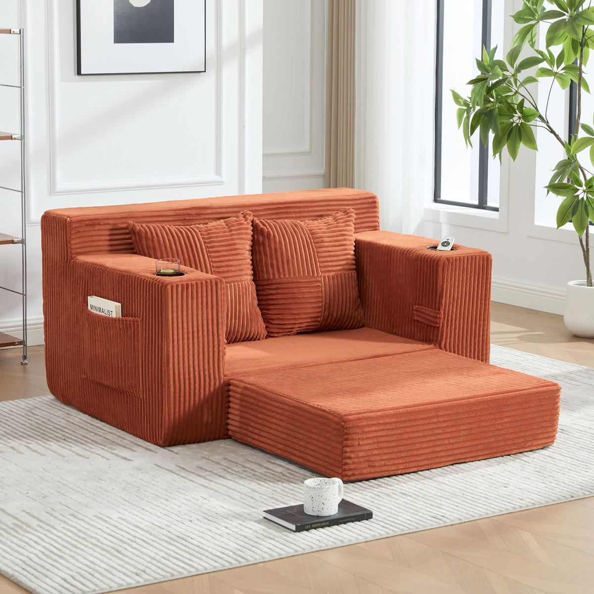 SCHLAFSOFA 2-in-1 mit Hocker, 2 Kissen und Becherhalter, DE-42913, Orange - Orange, Textil (133/64/87cm) - ComfortXL