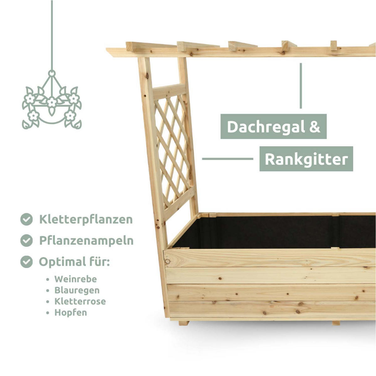 PFLANZKASTEN mit Rankgittern & Dach - Tannenholz - 128 x 44 x 103cm - Naturfarben, Holz (128/103/44cm) - holz4home