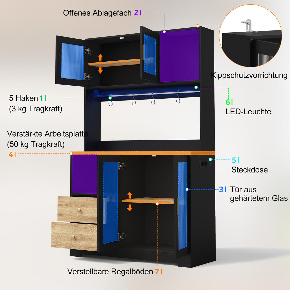 BUFFET DE-38738 110/40/178 cm LED-Beleuchtung und 4 Glastüren Schwarz - Schwarz, Holzwerkstoff (110/178/40cm) - ComfortXL