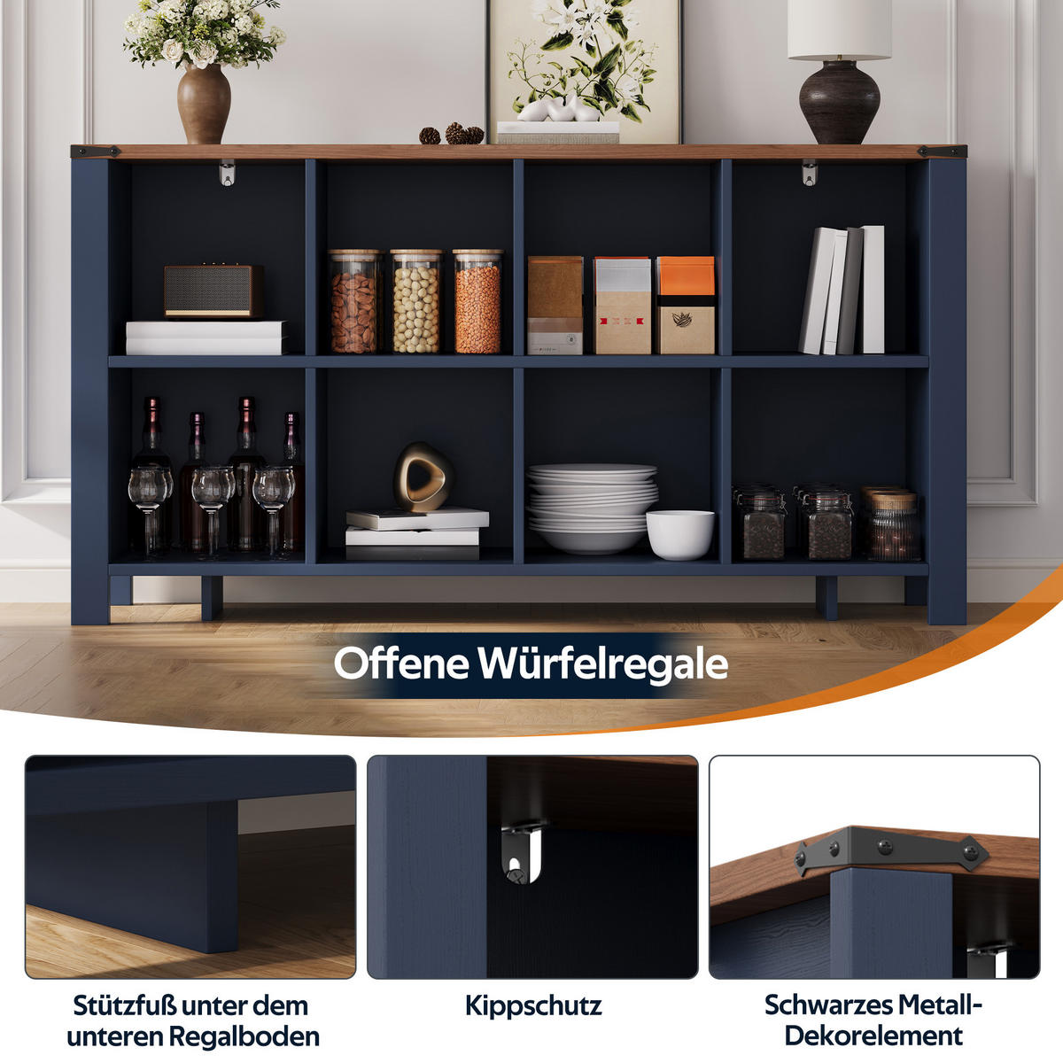SIDEBOARD DE-38761 140/34/75 cm 8 Staufächer Blau/Holzoptik - Blau, Holzwerkstoff (140/75/34cm) - ComfortXL