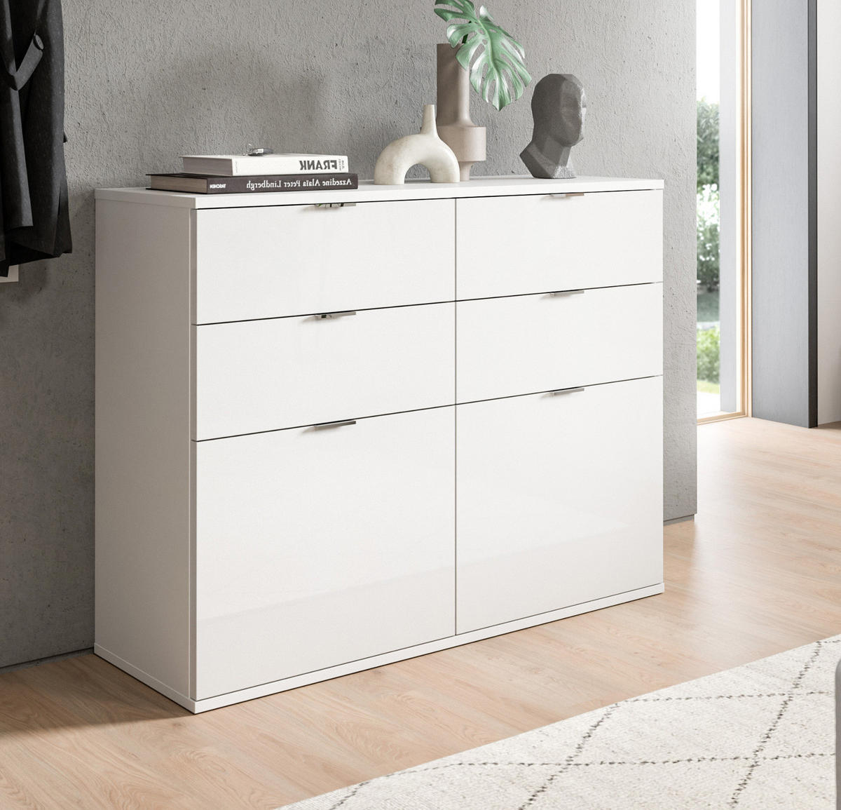 KOMMODE weiß Hochglanz 110 cm, Schuhschrank mit 4 Schubkästen - Chromfarben/Weiß Hochglanz, Holzwerkstoff/Kunststoff (110/85/37cm) - Inn.Furn