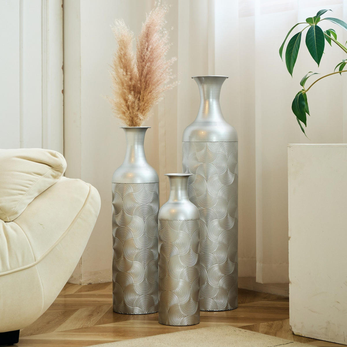 BODENVASE Metallvase,50/66/83 cm,3 tlg.Dekovase,Silber - Silberfarben, Metall (83cm) - LVHOM