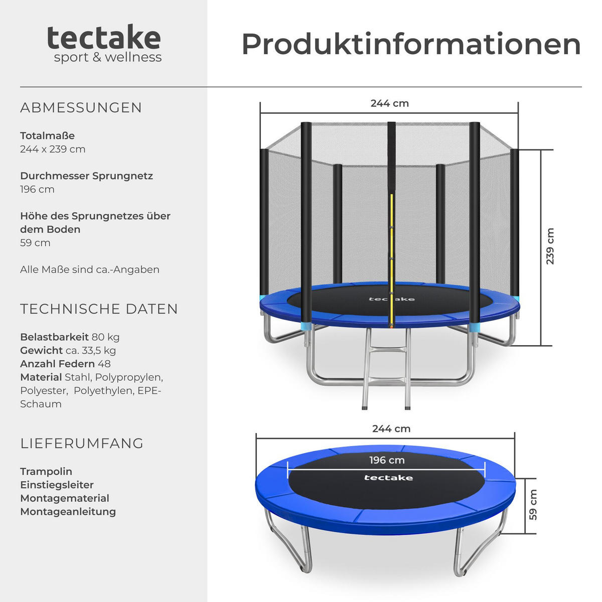 TRAMPOLIN Garfunky, inklusive Einstiegsleiter, schwarz/blau - Blau/Schwarz, Metall (244/239/244cm) - tectake