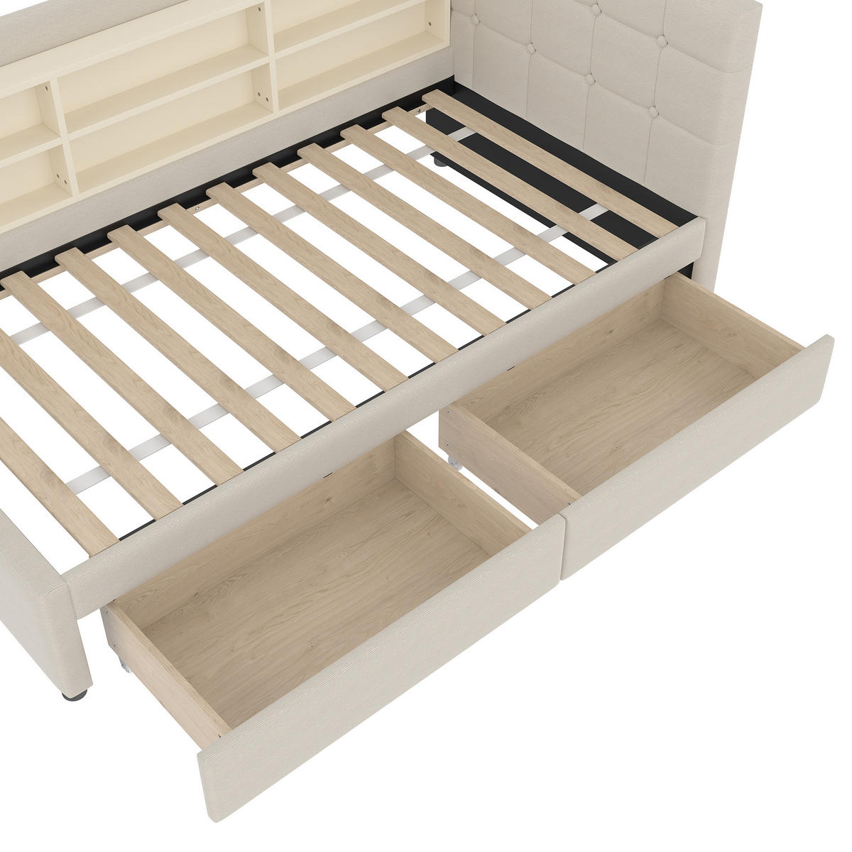 TAGEBETT 90x200cm Beige Leinen 2 Schubladen USB-C Ablagefächer - Beige, Holz (90/200cm) - FLIEKS