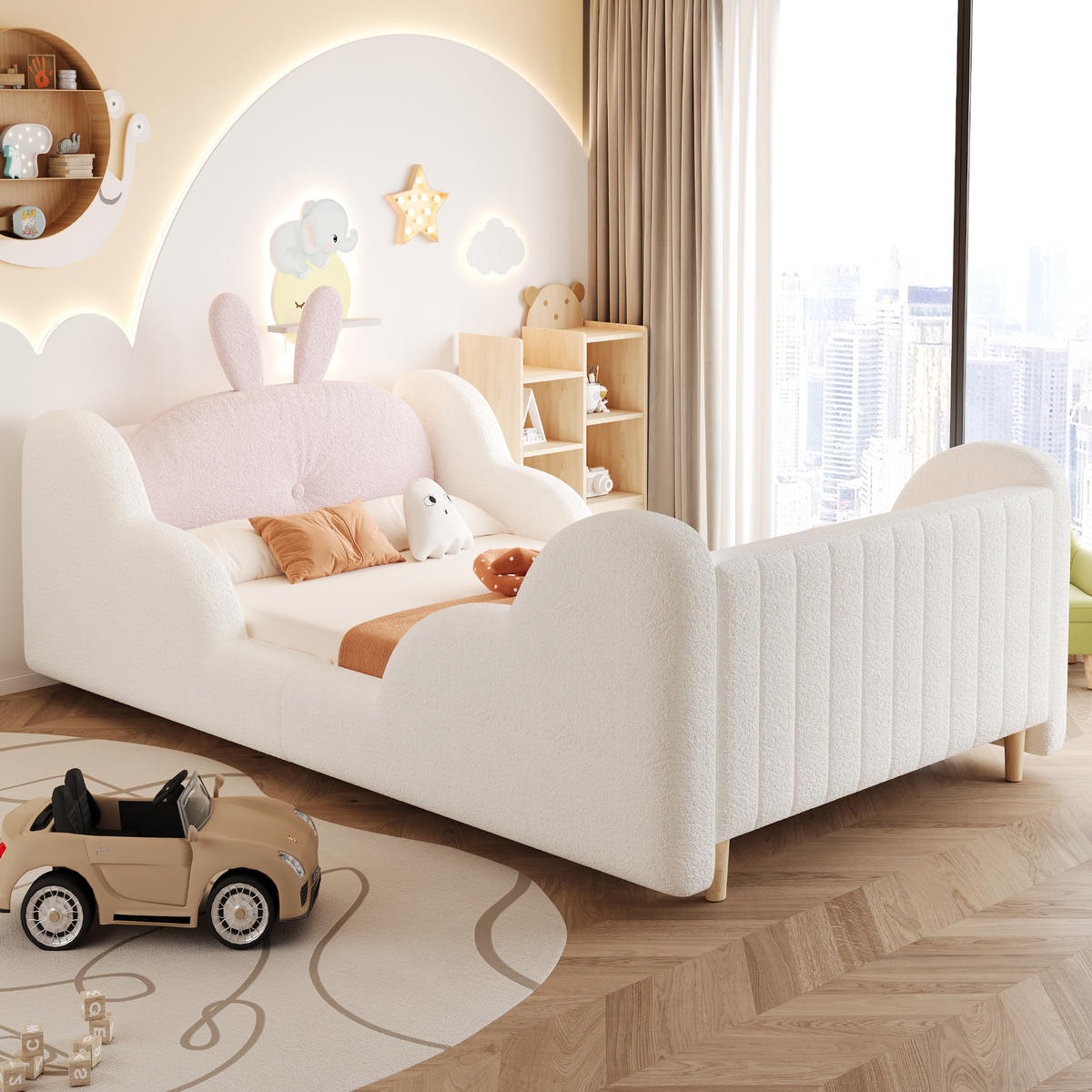 KINDERBETT 90/200 cm in Weiß Teddyplüsch mit Hasenkissen und Wolkenleisten - Weiß, Holzwerkstoff/Textil (90/200cm) - WISHDOR