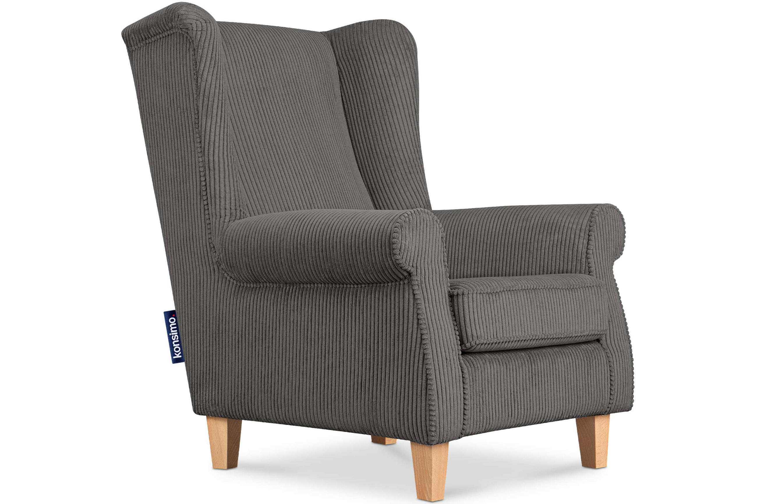 OHRENSESSEL MILES Kord-Bezug Petfriendly, grau - Grau, Holzwerkstoff/Buchenholz (82/105/97cm) - KONSIMO®