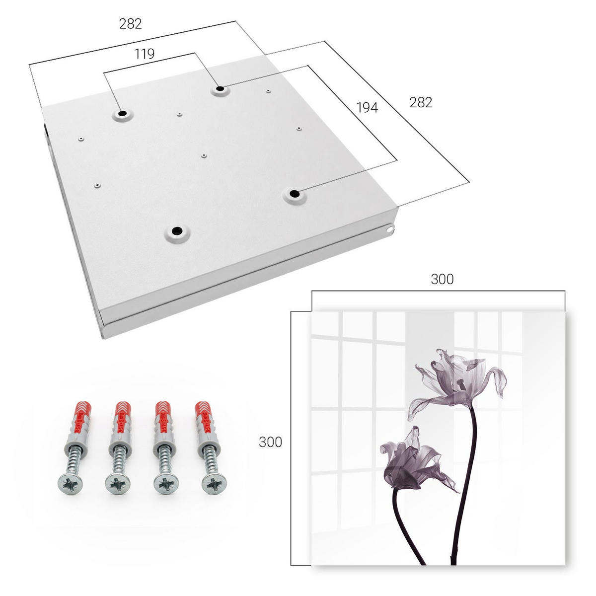 SCHLÜSSELBOX Weiß 30x30 cm – Türöffnung nach rechts - Minimalistische Blumen - Weiß, Metall (30/30/5cm) - TULUP
