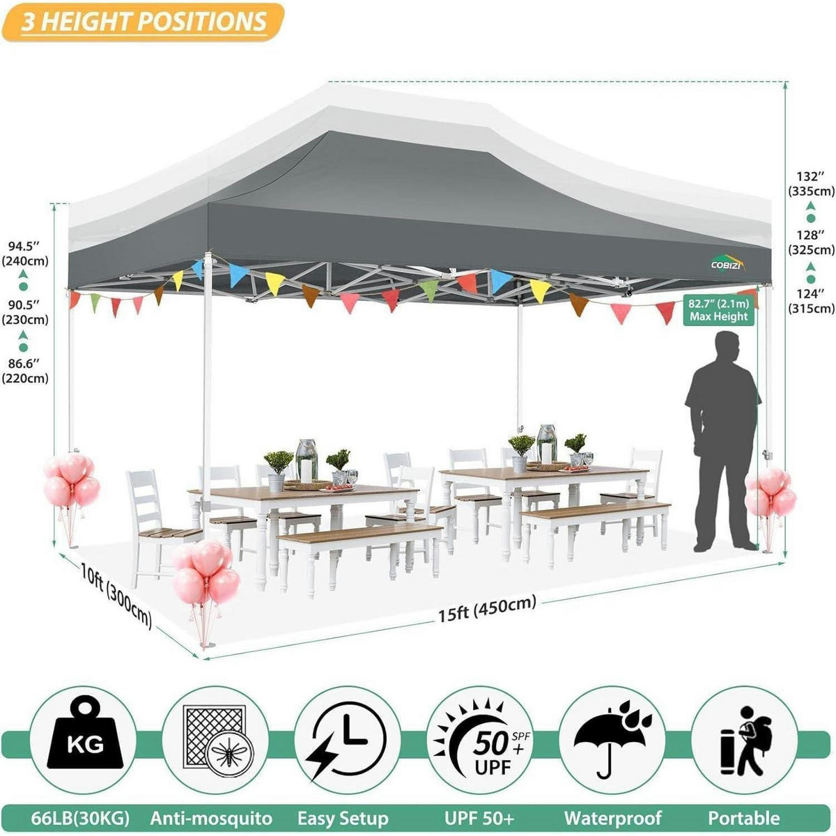 FALTPAVILLON 3 x 4.5 m Grau Wasserdicht mit 4 Netzseitenwänden - Grau, Textil (300/336/450cm)
