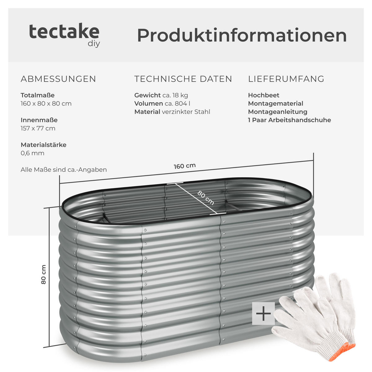 HOCHBEET Flormma,160 x 80 x 80 cm,silber - Silberfarben, Metall (160/80/80cm) - tectake