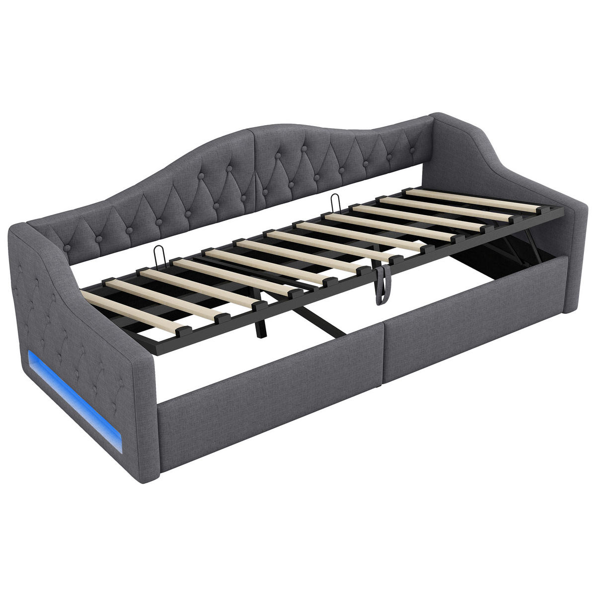 POLSTERBETT 90/200 cm Grau mit LED-Beleuchtung und Stauraum aus Leinen - Grau, Holzwerkstoff (90/200cm) - OKWISH