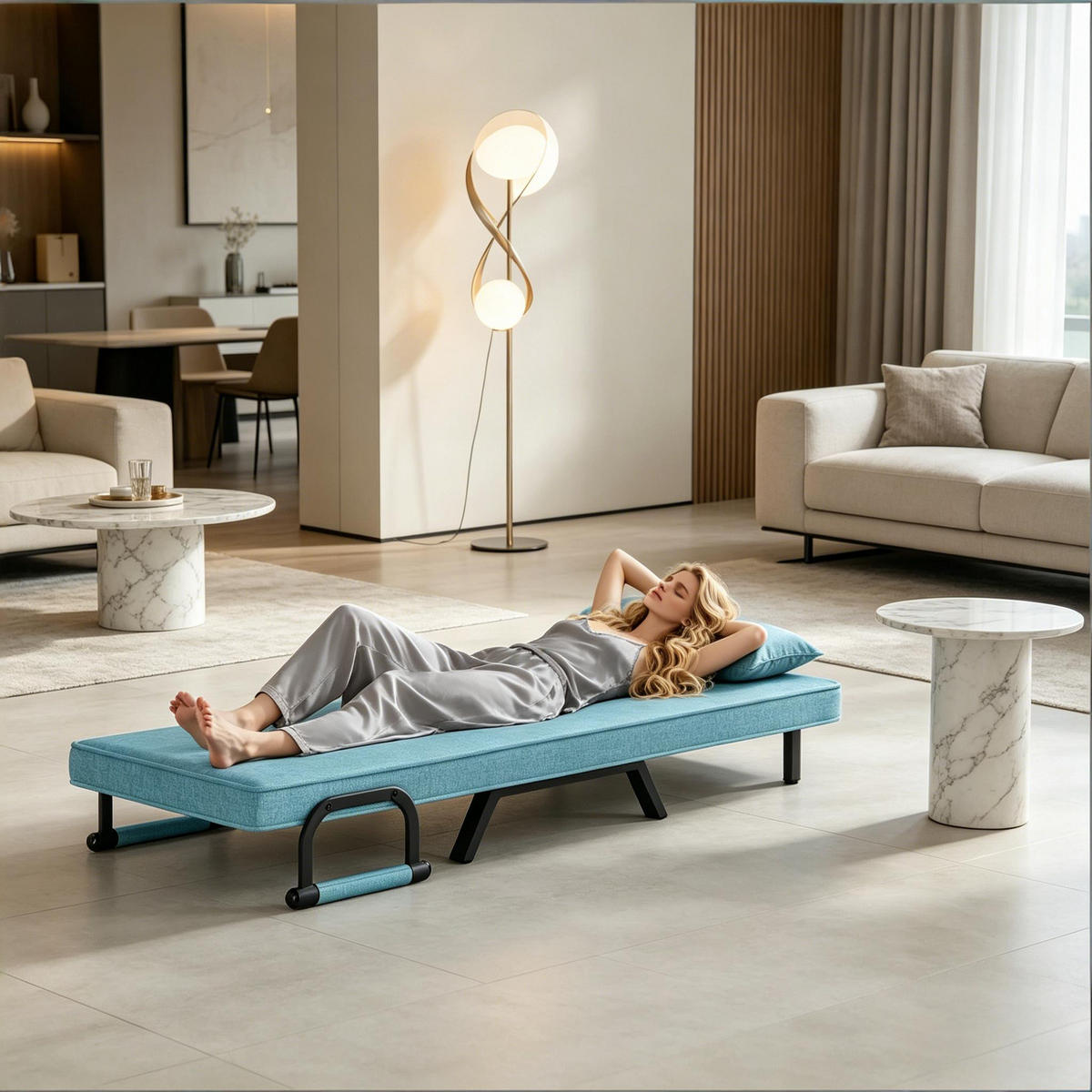 SCHLAFSESSEL 3-in-1 mit Bettfunktion, DE-42147, Hellblau - Blau, Metall (66.5/82/65cm) - ComfortXL