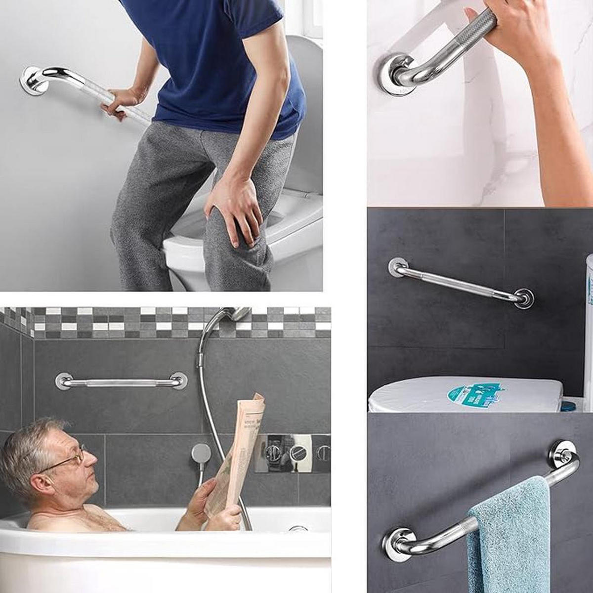 HALTEGRIFFE 2er-Set Edelstahl 40 cm Rutschfester Griff Für Dusche und WC - Silberfarben, Metall (2.5/6/40cm)
