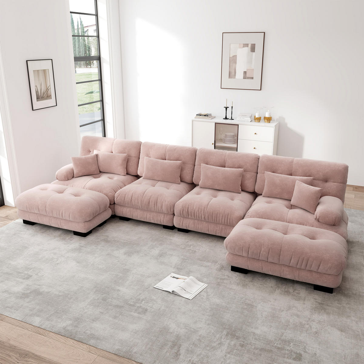 WOHNLANDSCHAFT Chenille Pink mit beweglichen Ottomane - Rosa, Textil (406/81/145cm) - WISHDOR