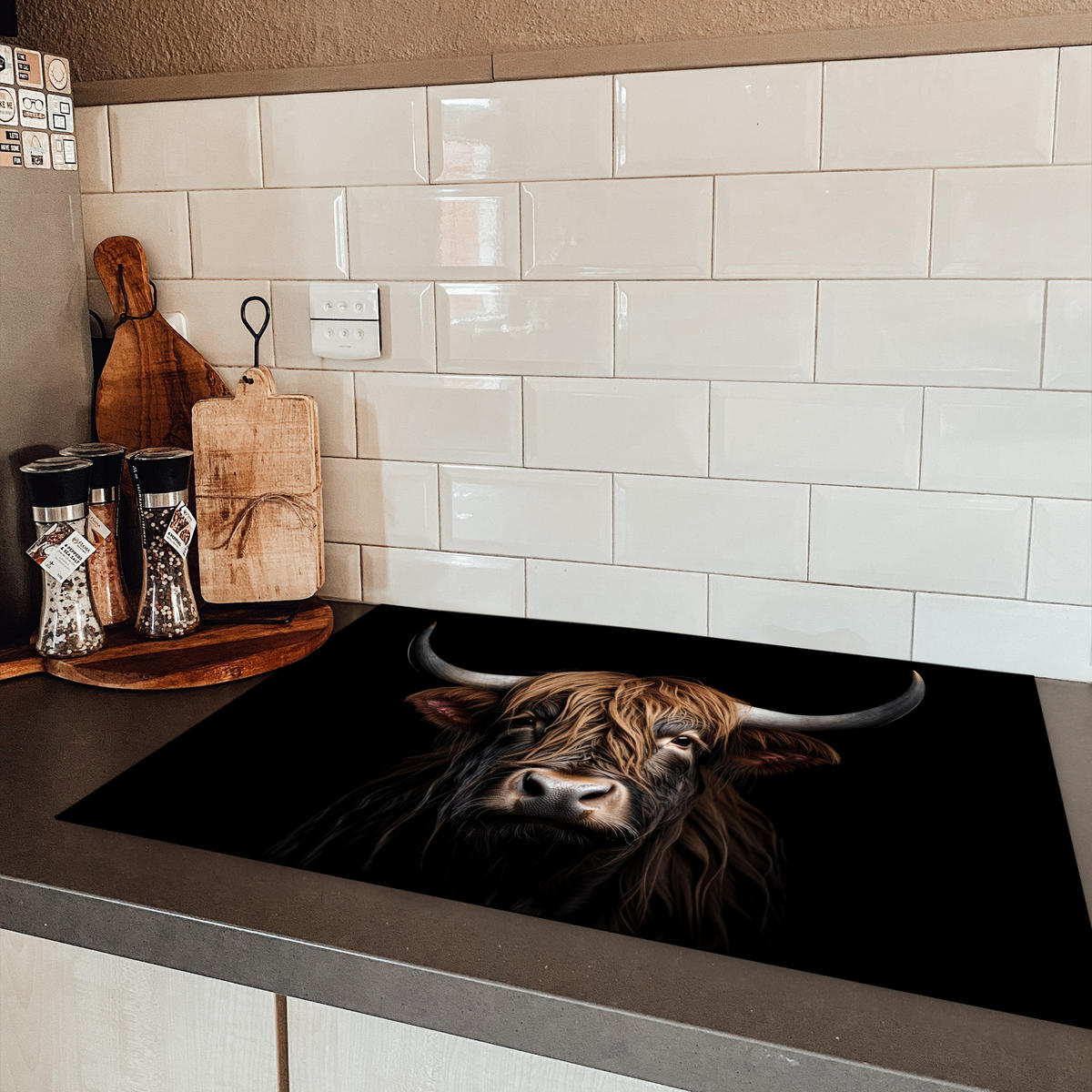 HERDABDECKPLATTE Schottischer Highlander - Porträt - Schwarz - Tier Ceranfeldabdeckung 78x52 cm - Braun, Kunststoff (78/52/0.2cm) - MuchoWow