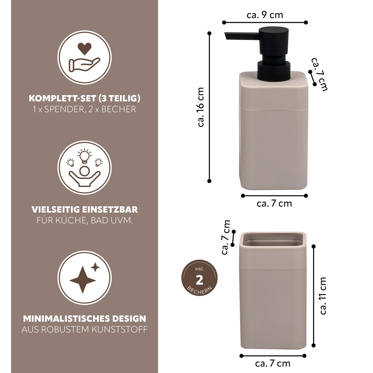 BADEZIMMER-SET SAVONA, Soft-Touch, taupe, eckig - Taupe, Kunststoff (7/16/9cm) - bremermann