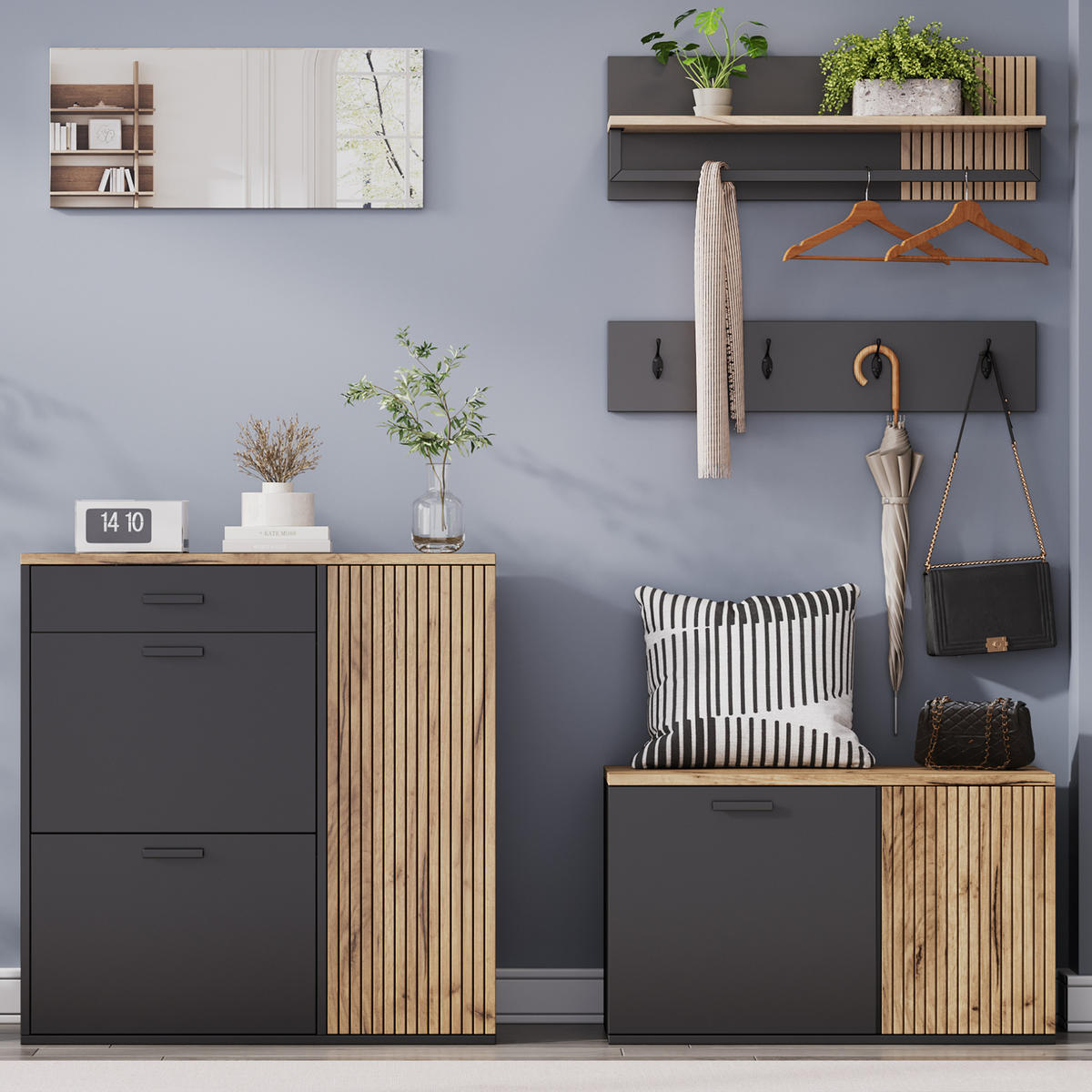 DIELEN-SCHUHSCHRANK-SET in Natur/Schwarz mit Schuhbank, 2 Klappen und Stauraum - Naturfarben, Holzwerkstoff (85/85/36cm) - BEAOK