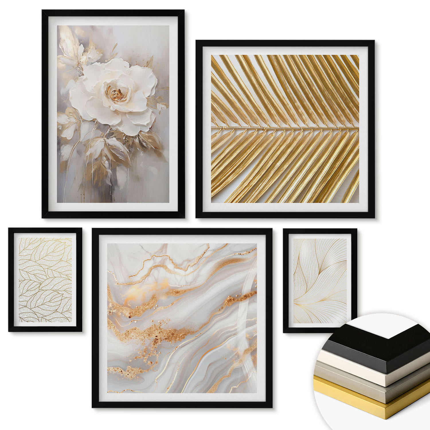 WANDBILDER 5er-Set - 50x50 cm & 20x30 cm & 40x60 cm Schwarzer Rahmen - Abstrakte Katzenmalereien - Schwarz, Kunststoff (40/60cm) - ArtPrintCave