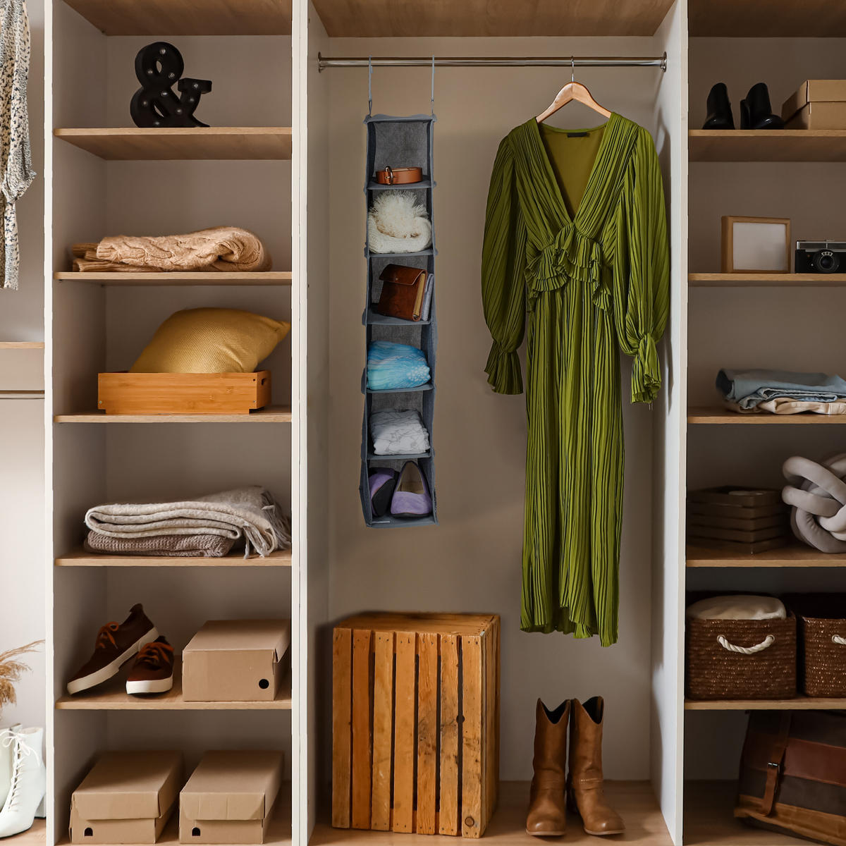 ZÁVESNÉ regály do skrine - sivá, textil/plast (30cm) - Relaxdays