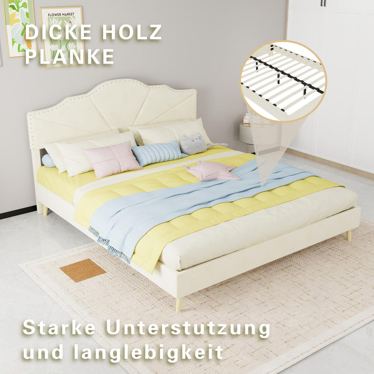POLSTERBETT 160/200 cm in Beige Stoff mit Gepolstertem Kopfteil Metallbett im Geometrischen Design - Beige/Naturfarben, Holzwerkstoff/Textil (160/200cm) - STILVORA