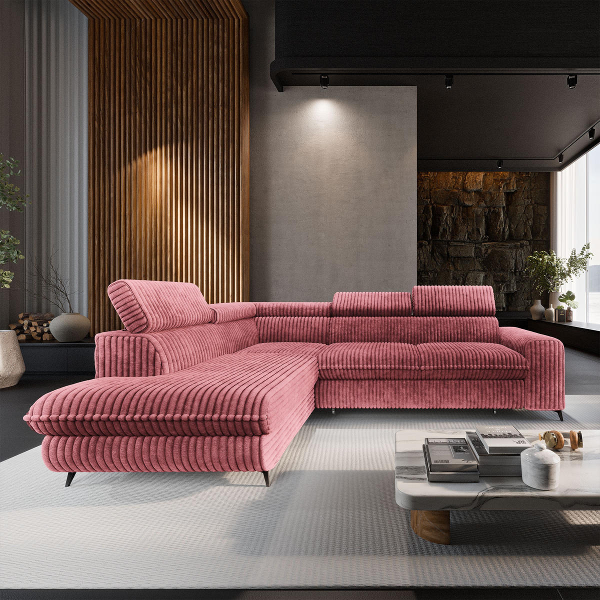ECKSOFA VELISS Rosa Kordstoff mit Schlaffunktion - Rosa, Holz (255/193cm) - MASSENO