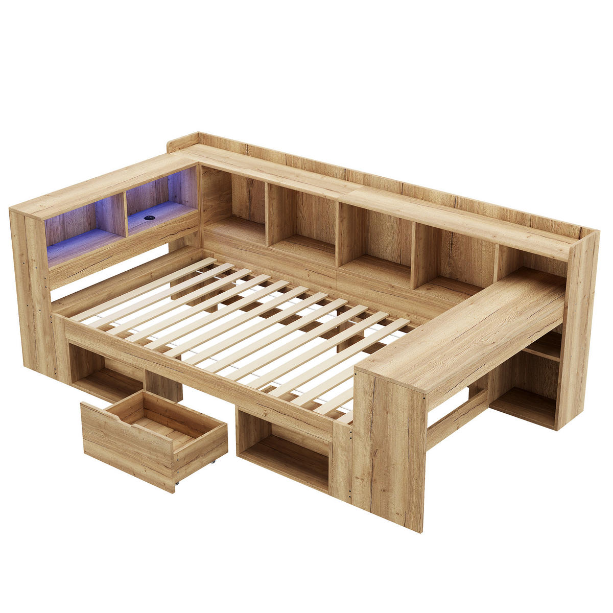KINDEREINZELBETTEN aus MDF in Natur mit LED-Beleuchtung, USB/Type-C & Schreibtisch - Naturfarben, Holzwerkstoff (90/200cm) - Modfu