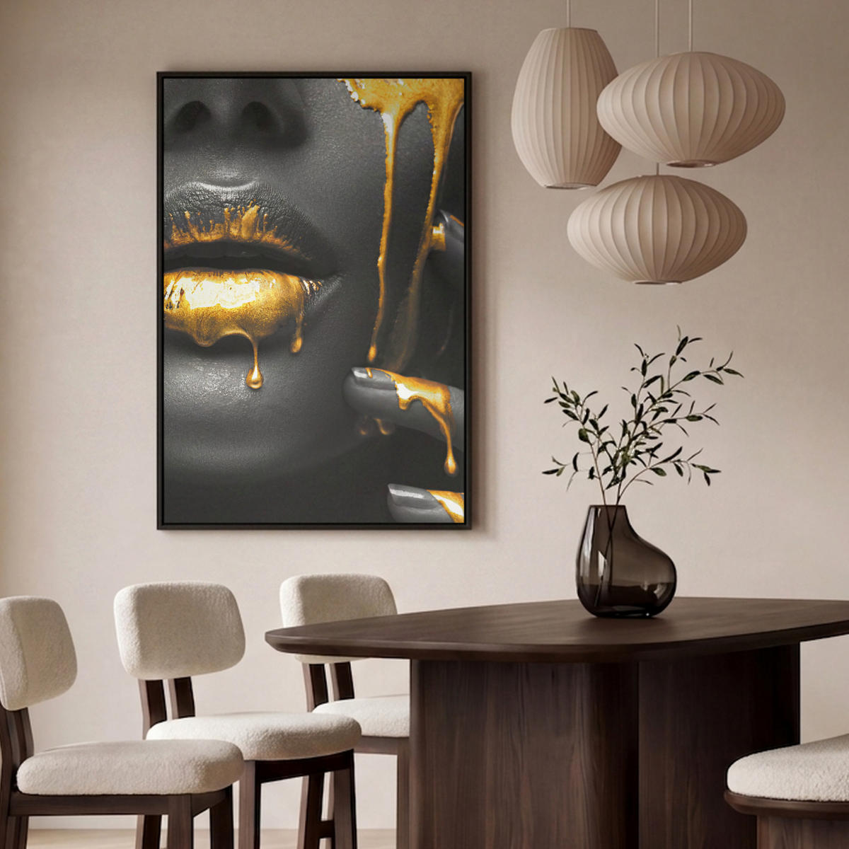 LEINWAND Bilder mit Rahmen - Frau - Schwarz - Gold - Gesicht - Lippen - 100x150 - Goldfarben, Textil (100/150cm) - MuchoWow