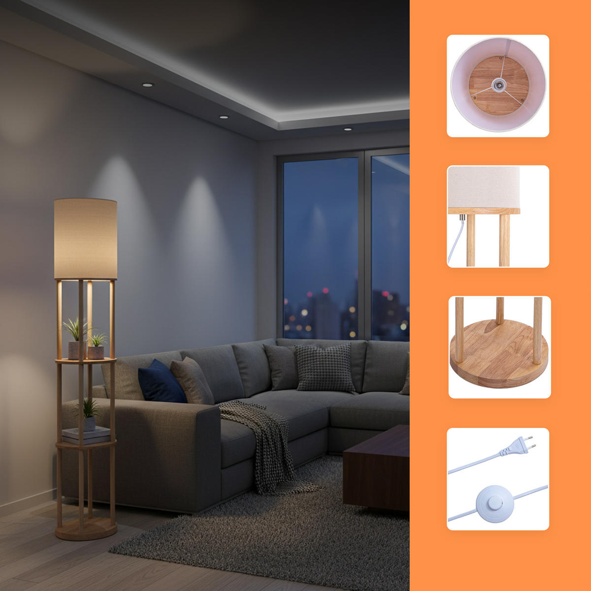 STEHLAMPE - Hellbraun, Holz/Textil (30/30/180cm) - Relaxdays