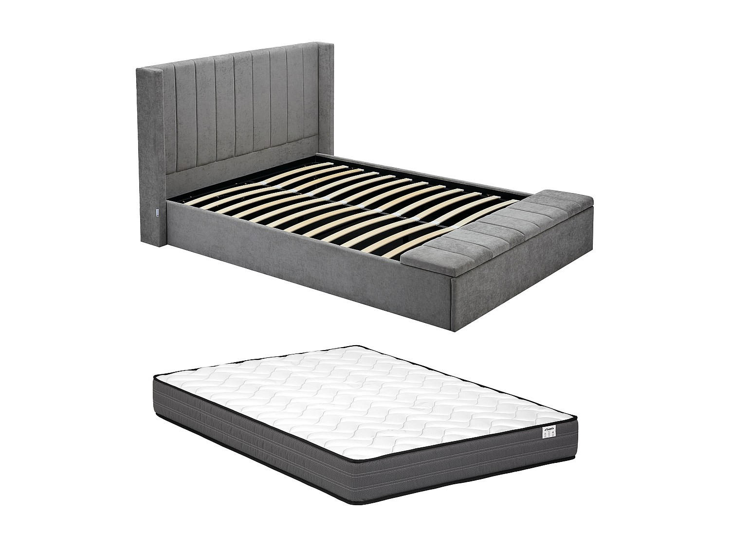 BETT mit Bettkasten - 2 Personen - Stoff - Grau - Grau, Textil (160/200cm) - Vente-Unique