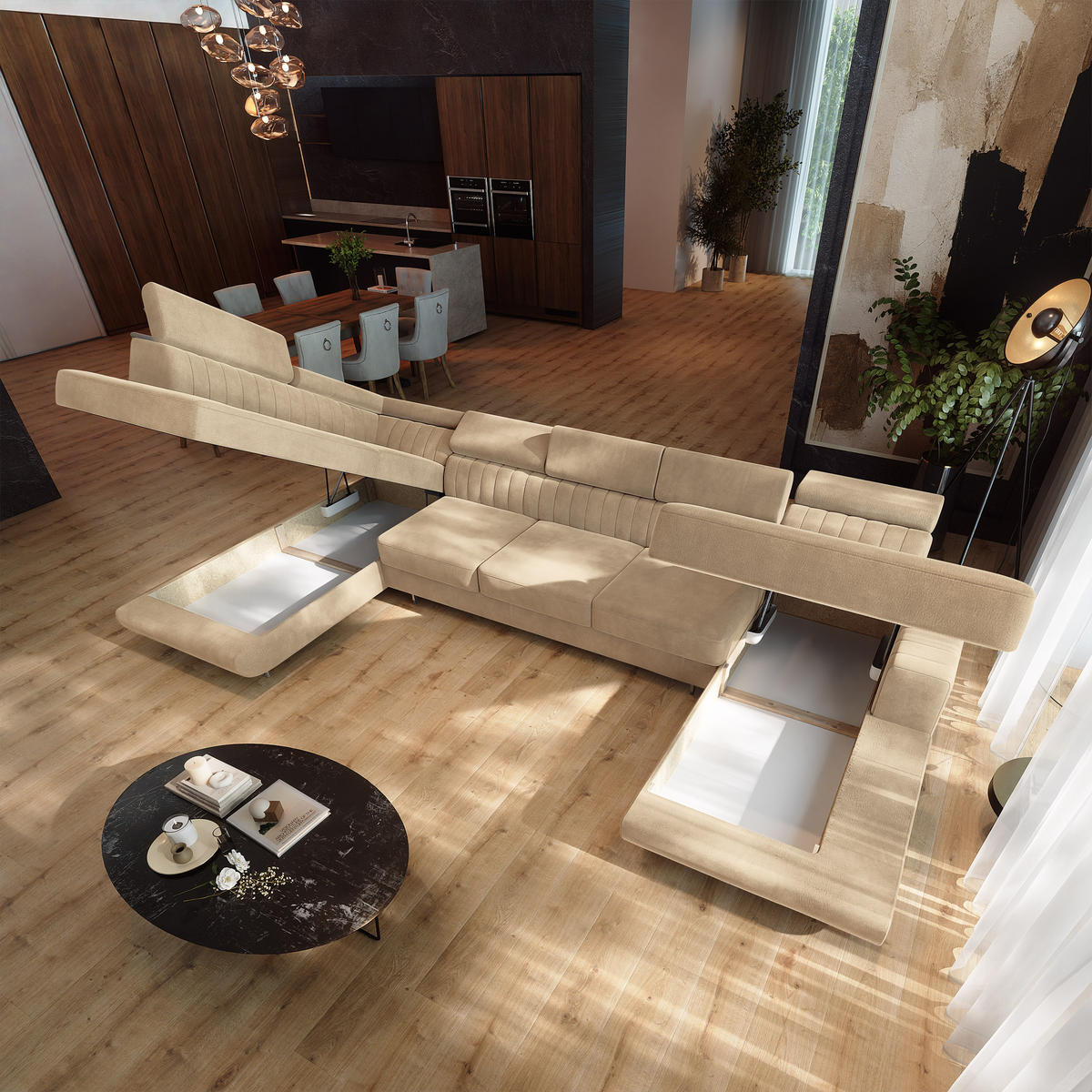 WOHNLANDSCHAFT GAIAN Creme Velours-Stoff mit Schlaffunktion - Creme, Holz (412/88/190cm) - MASSENO