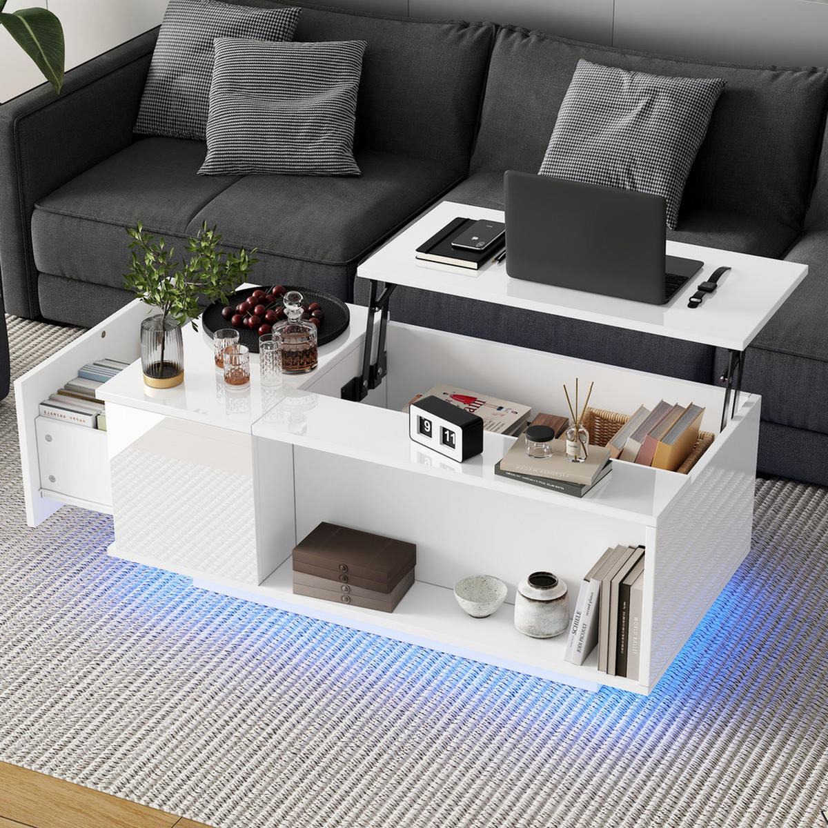 COUCHTISCH 100x50cm Weiß Höhenverstellbar LED Versteckter Stauraum Schublade - Weiß, Holz (108.64/58.24/15.9cm) - FLIEKS