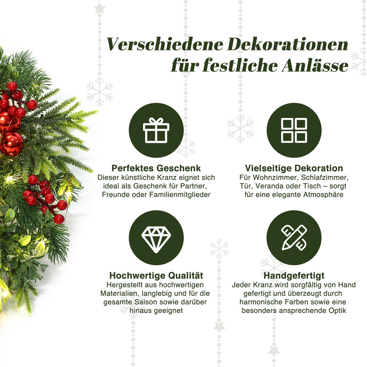 WEIHNACHTSKRANZ Ø40cm mit Beeren & Kugeln, 30 LEDs mit Timer - Dunkelgrün, Naturmaterialien (40cm) - Hometopia