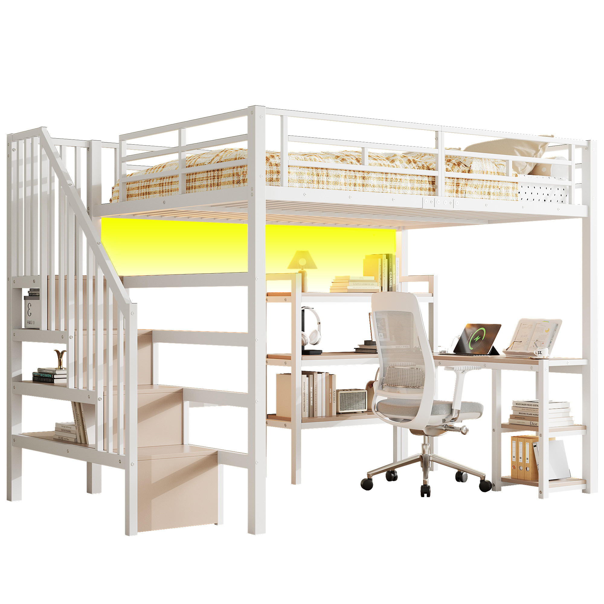 HOCHBETT 140/200 cm in Weiß mit Schreibtisch, Ablagefächern, LED und USB - Weiß, Holzwerkstoff/Metall (140/200cm) - WISHDOR