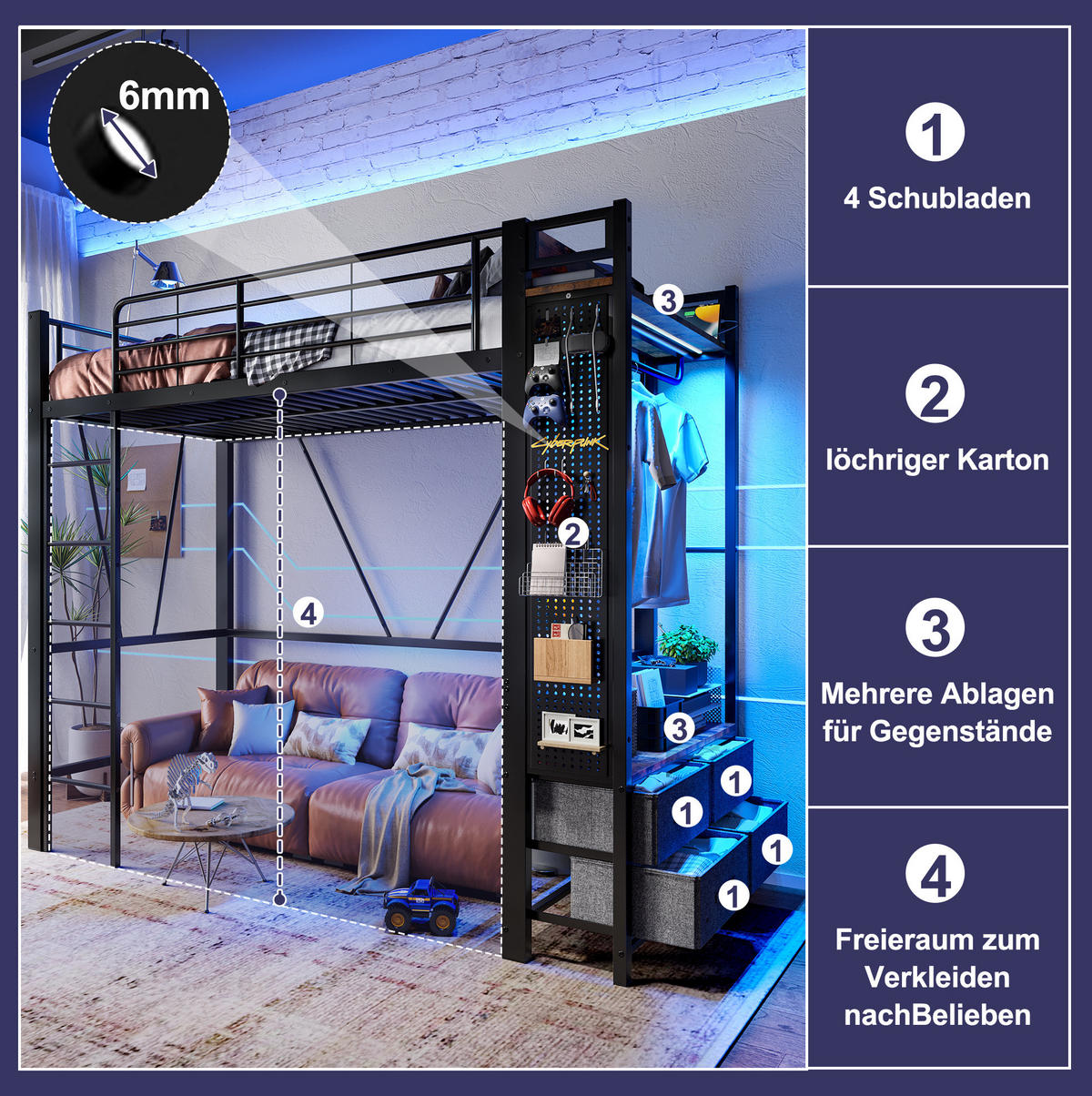 HOCHBETT aus Metall und MDF 90x200 cm Schwarz mit LED, USB-Type-C, 4 Schubladen, Kleiderstange und Lochplatte - Schwarz, Metall (160/200cm) - Modfu